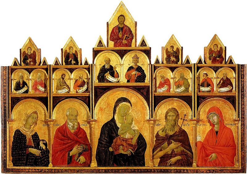 Duccio painting of the Madonna and Child with saints from the Sienese school