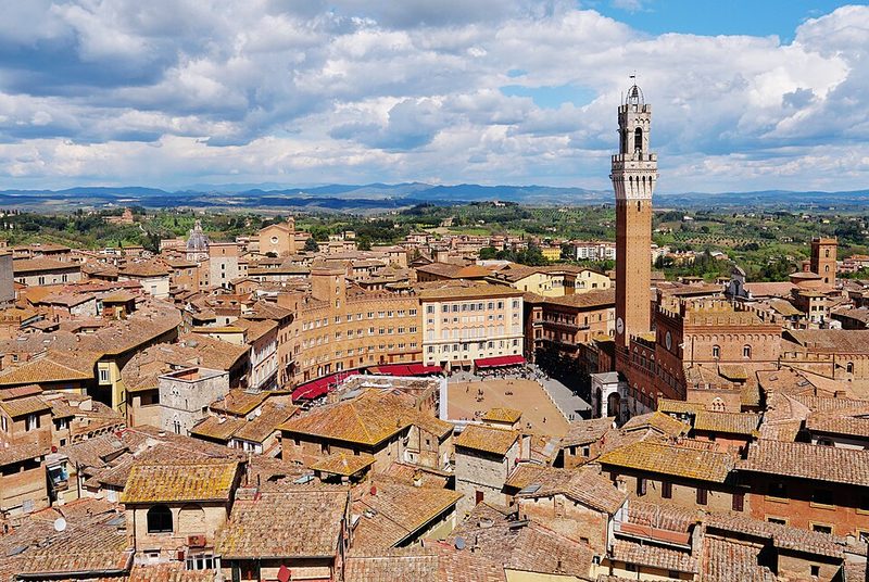 View from Siena Cathedral across Piazza del Campo and the Torre del Mangia